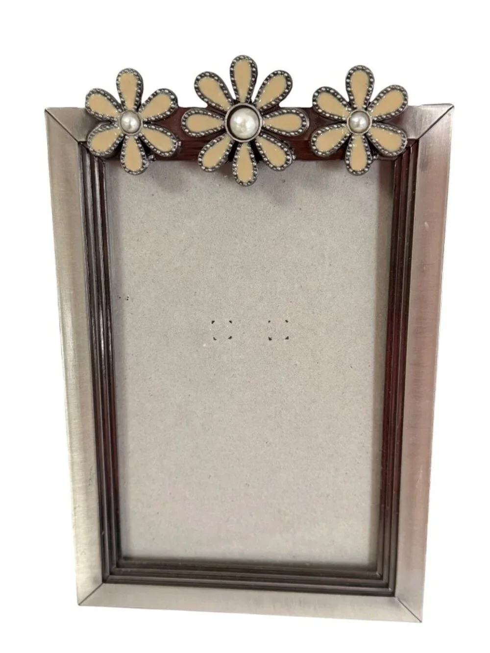 5x7 Floral Metal Picture Frame Cream Enamel Daisies Faux Pearls Tabletop